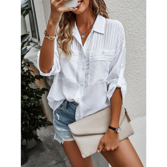 Press Crease Roll Tab button up long sleeve boho Shirt white poplin - Picture 4 of 4